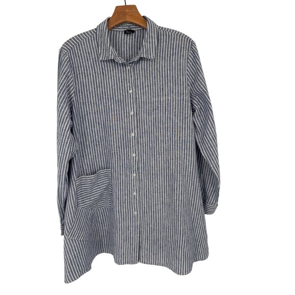 Shana Womens Long Sleeve Blue Striped Linen Tunic Shirt Top Pocket Size Large - Picture 1 of 4